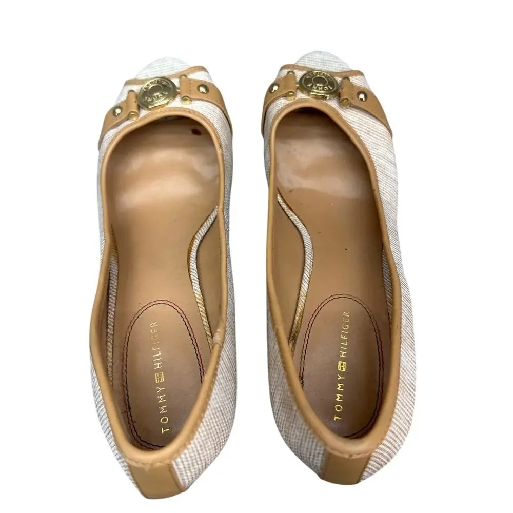 Tommy Hilfiger Tatiana Tweed Gold Brand Logo Cork Wedge Peep Toe Pumps Women 8.5